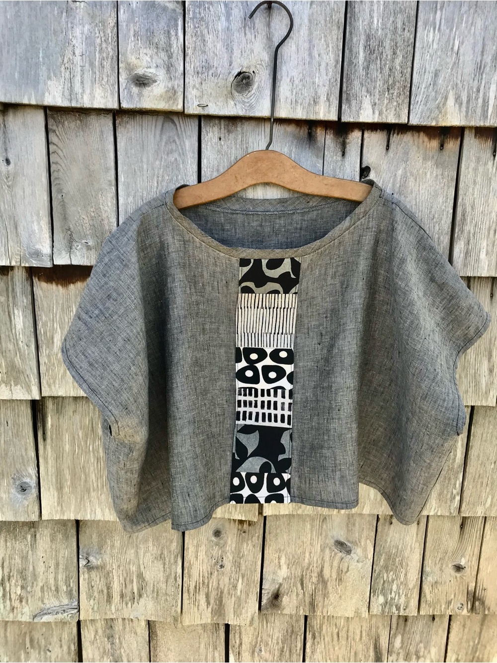 Gray Linen Crop Top with Black & White Patterned Panel, Size M, L 18”x 25”W